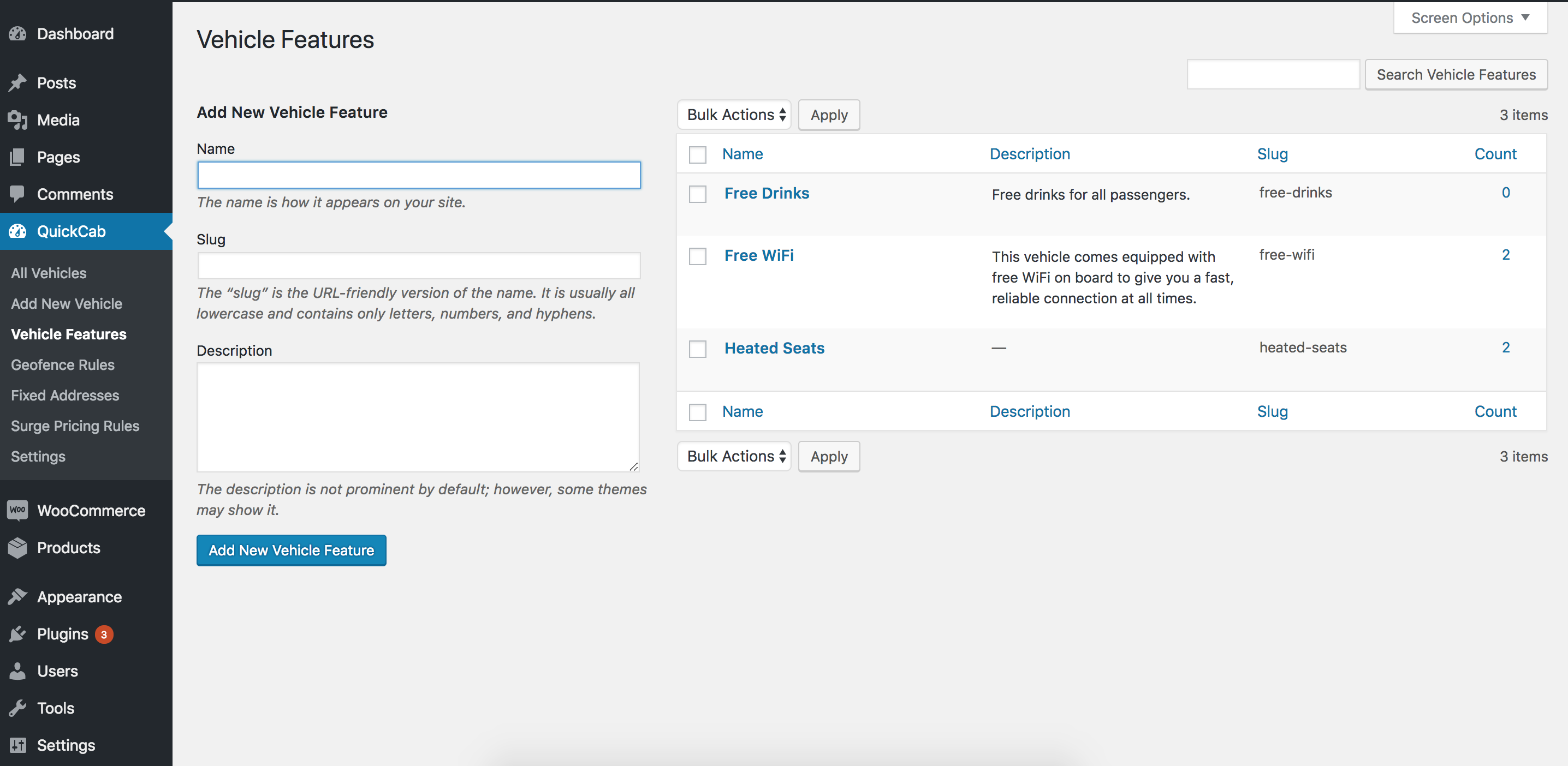Vehicle features page
